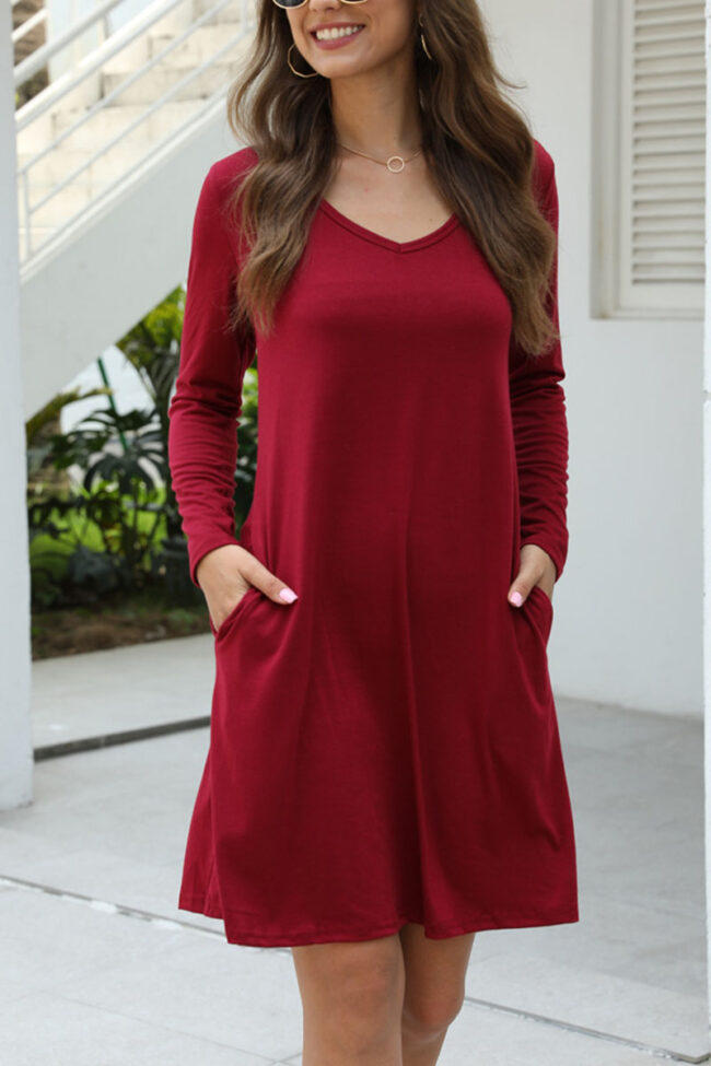 Fashion Casual Solid V Neck Long Sleeve Dress Dresses