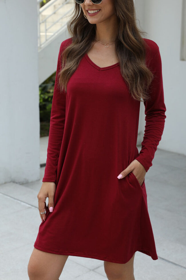 Fashion Casual Solid V Neck Long Sleeve Dress Dresses