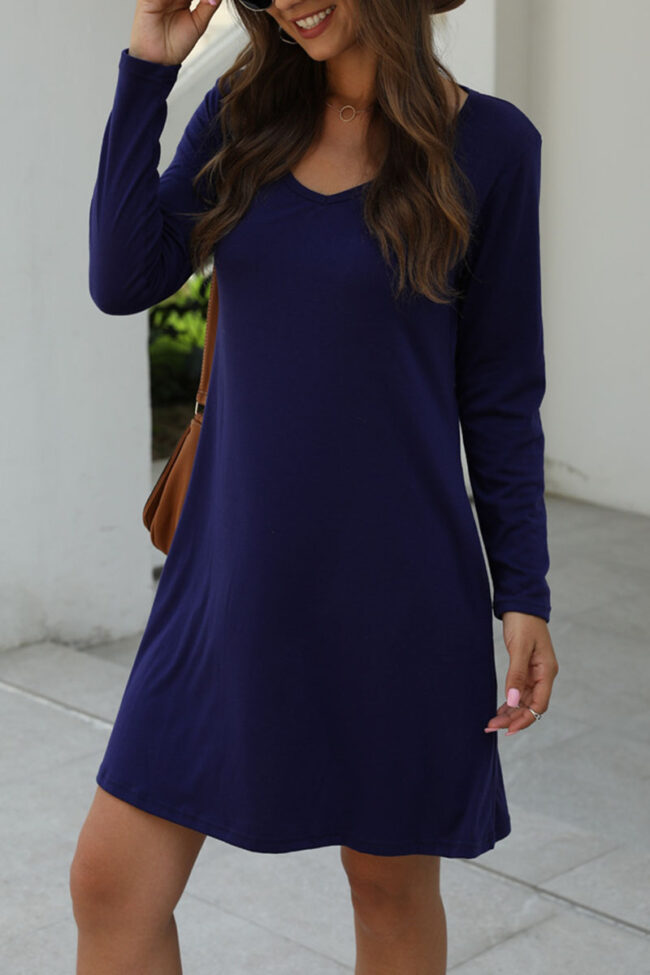 Fashion Casual Solid V Neck Long Sleeve Dress Dresses