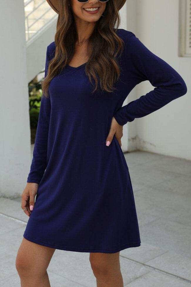 Fashion Casual Solid V Neck Long Sleeve Dress Dresses