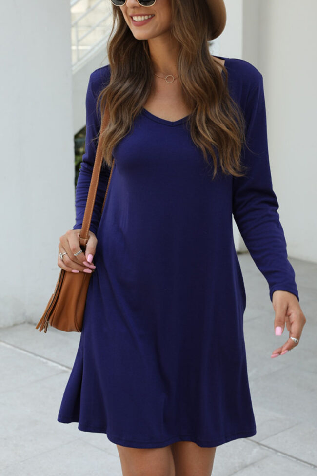 Fashion Casual Solid V Neck Long Sleeve Dress Dresses