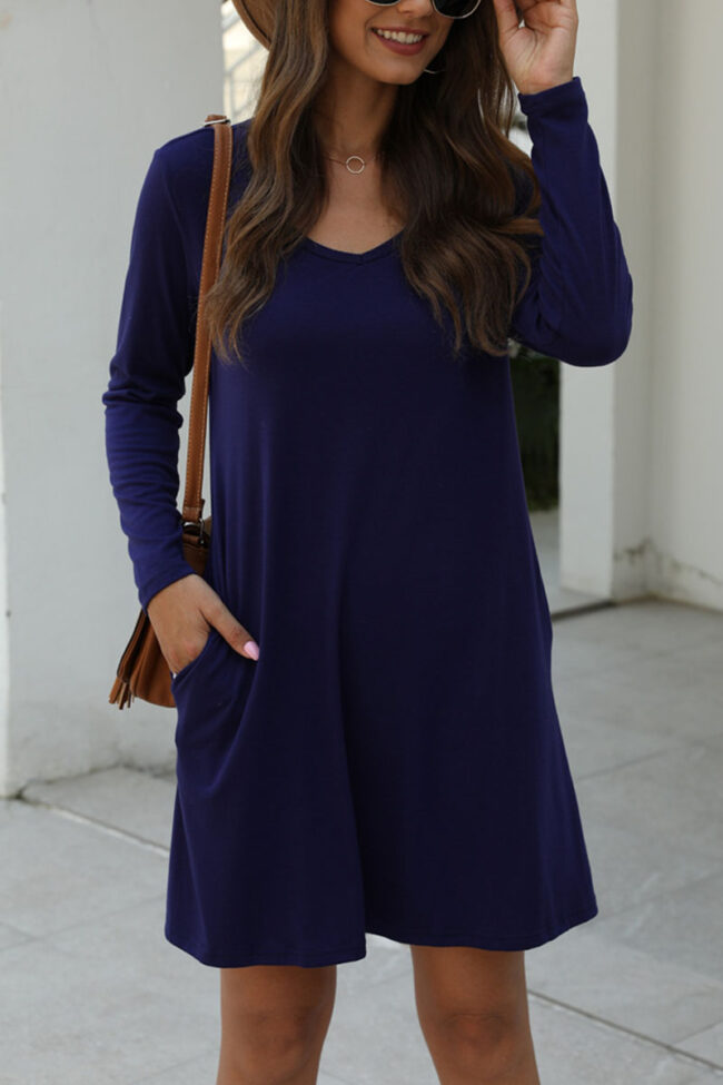 Fashion Casual Solid V Neck Long Sleeve Dress Dresses