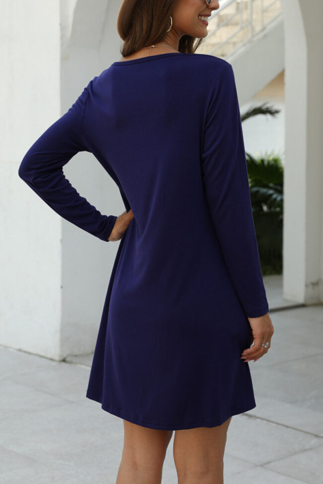 Fashion Casual Solid V Neck Long Sleeve Dress Dresses