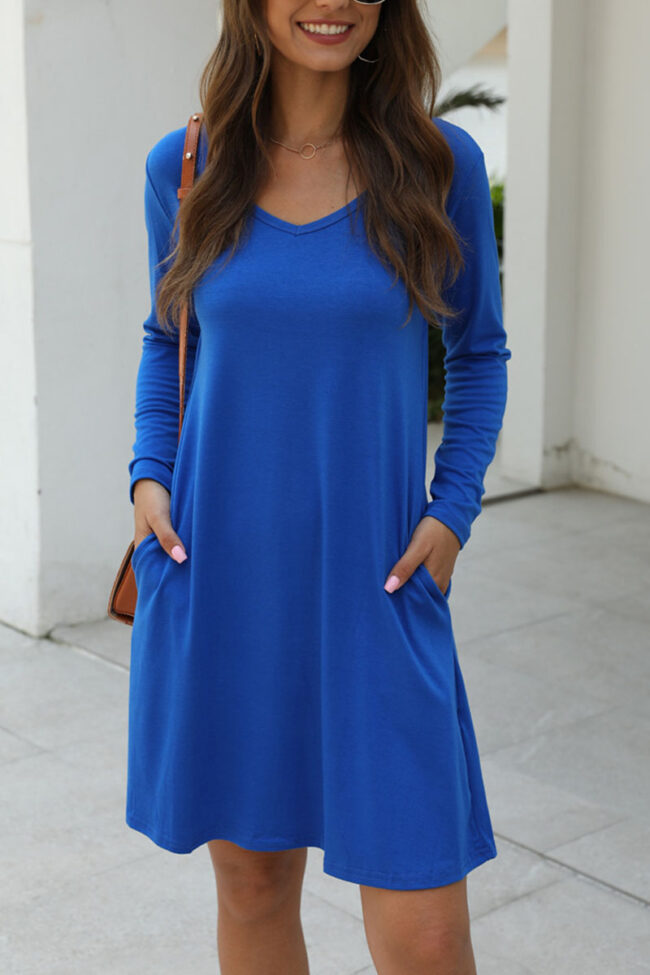 Fashion Casual Solid V Neck Long Sleeve Dress Dresses