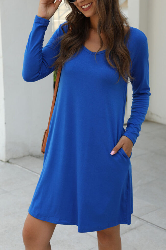 Fashion Casual Solid V Neck Long Sleeve Dress Dresses