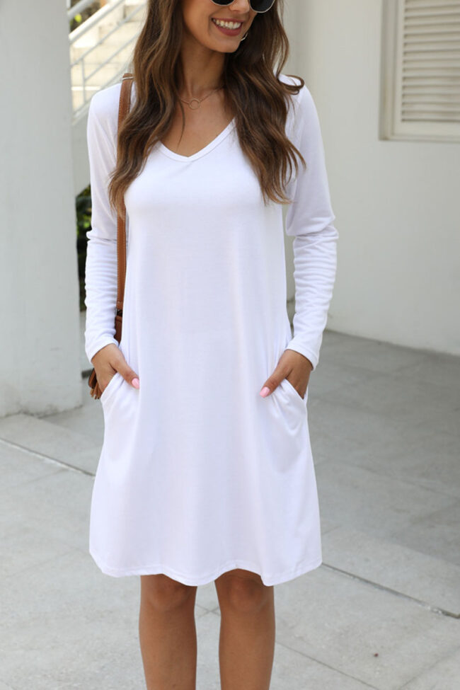 Fashion Casual Solid V Neck Long Sleeve Dress Dresses