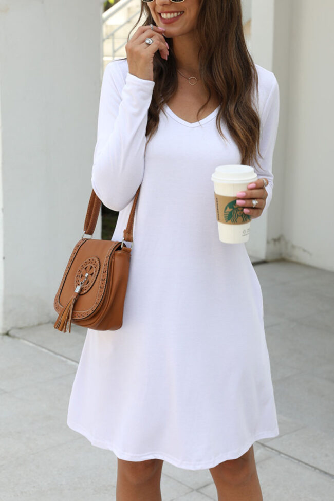 Fashion Casual Solid V Neck Long Sleeve Dress Dresses