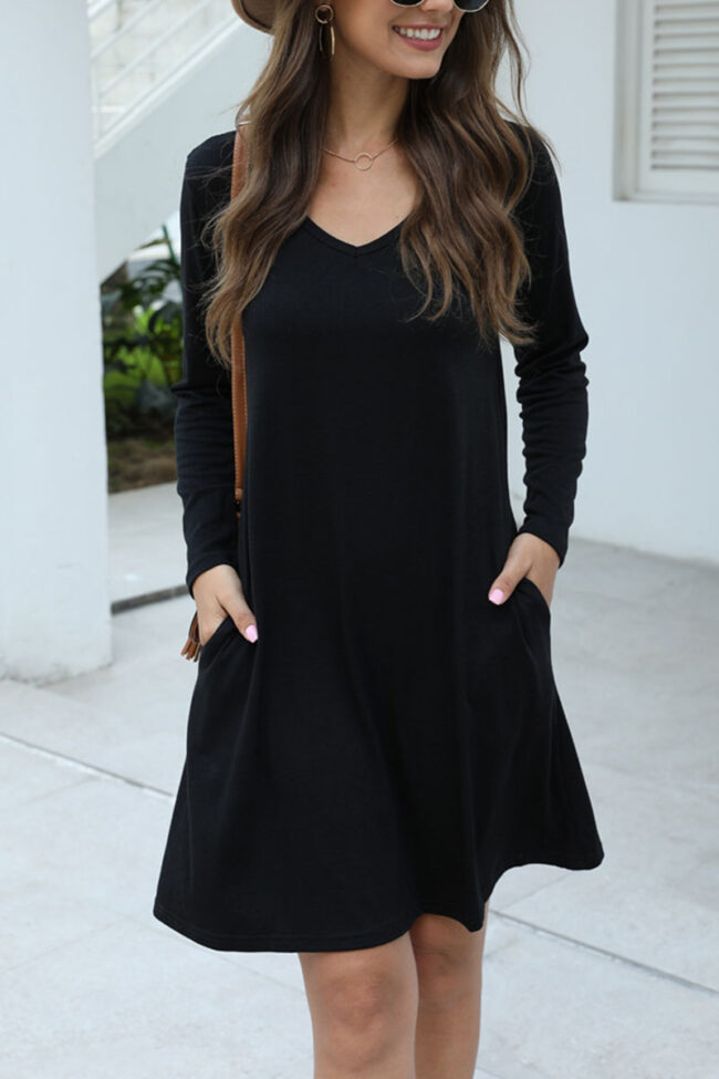 Fashion Casual Solid V Neck Long Sleeve Dress Dresses