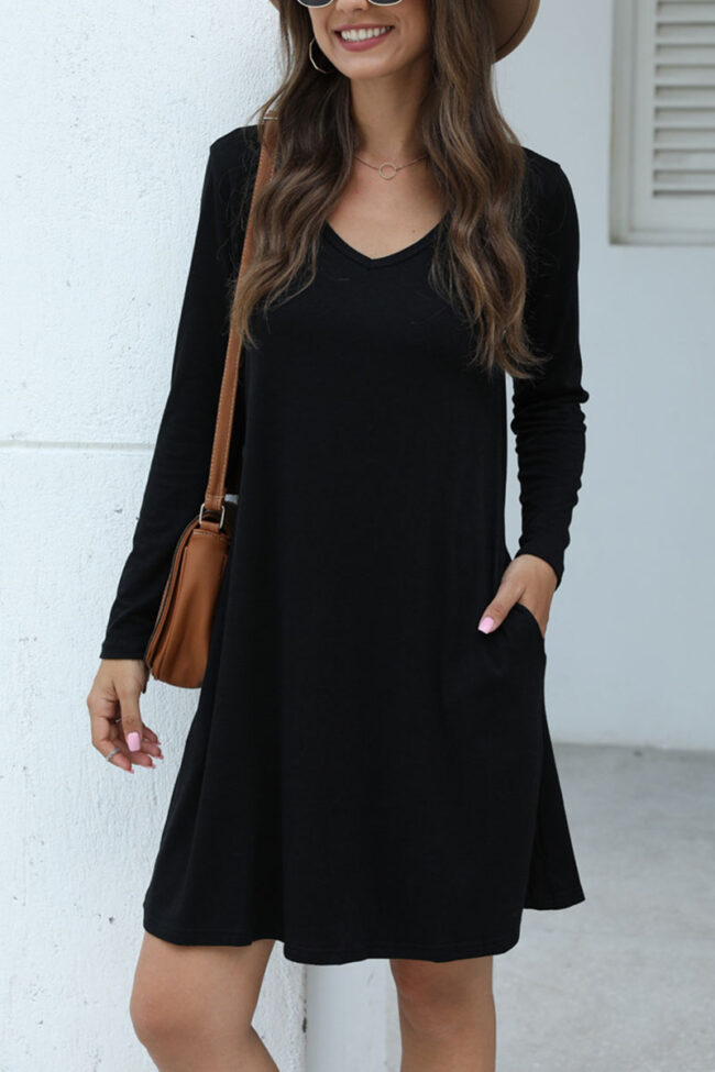 Fashion Casual Solid V Neck Long Sleeve Dress Dresses