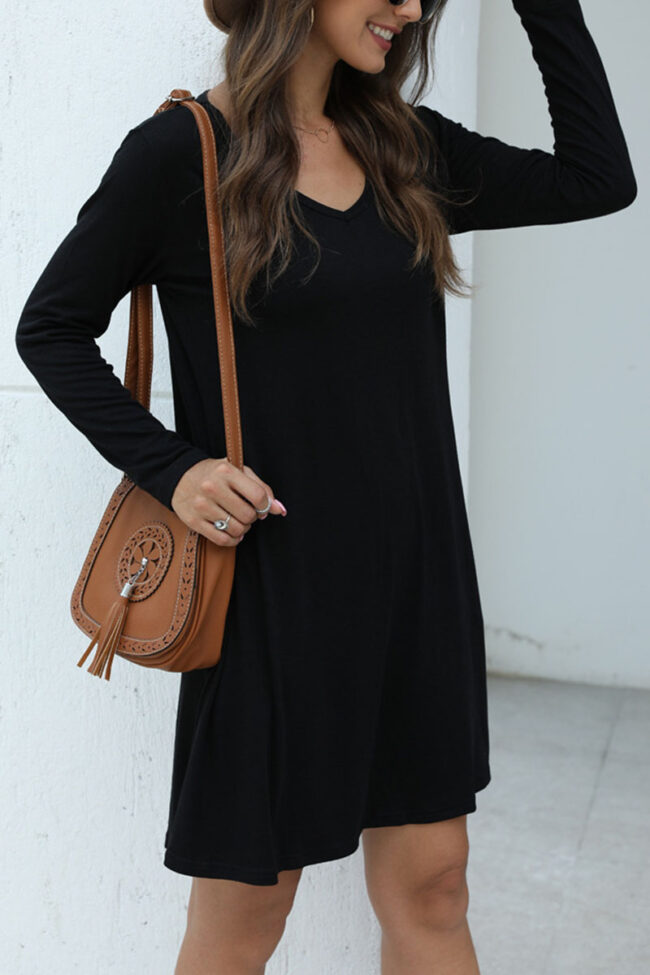 Fashion Casual Solid V Neck Long Sleeve Dress Dresses