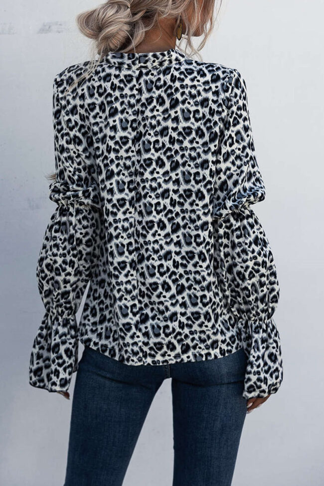 Fashion Casual Leopard Frenulum Turndown Collar Tops