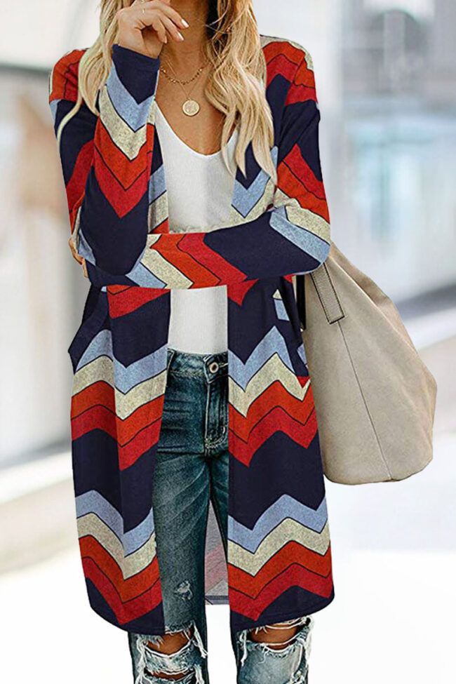 Fashion Street Striped Print Split Joint V Neck Outerwear