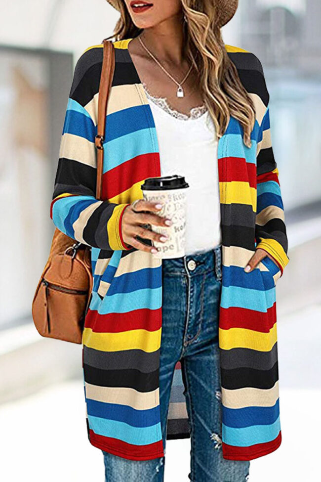 Fashion Street Striped Print Split Joint V Neck Outerwear