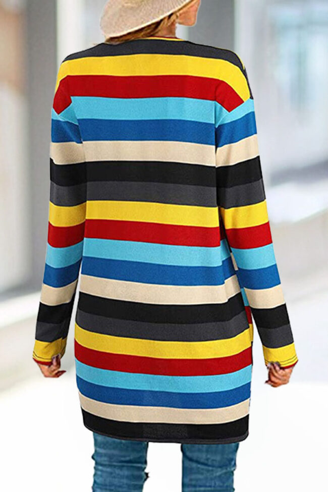 Fashion Street Striped Print Split Joint V Neck Outerwear