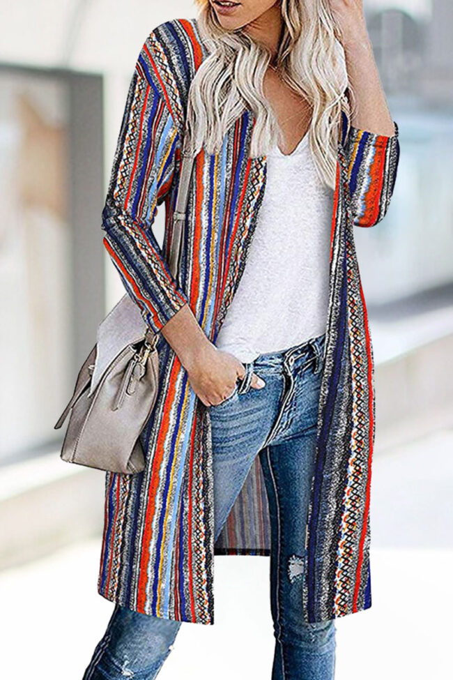 Fashion Street Striped Print Split Joint V Neck Outerwear