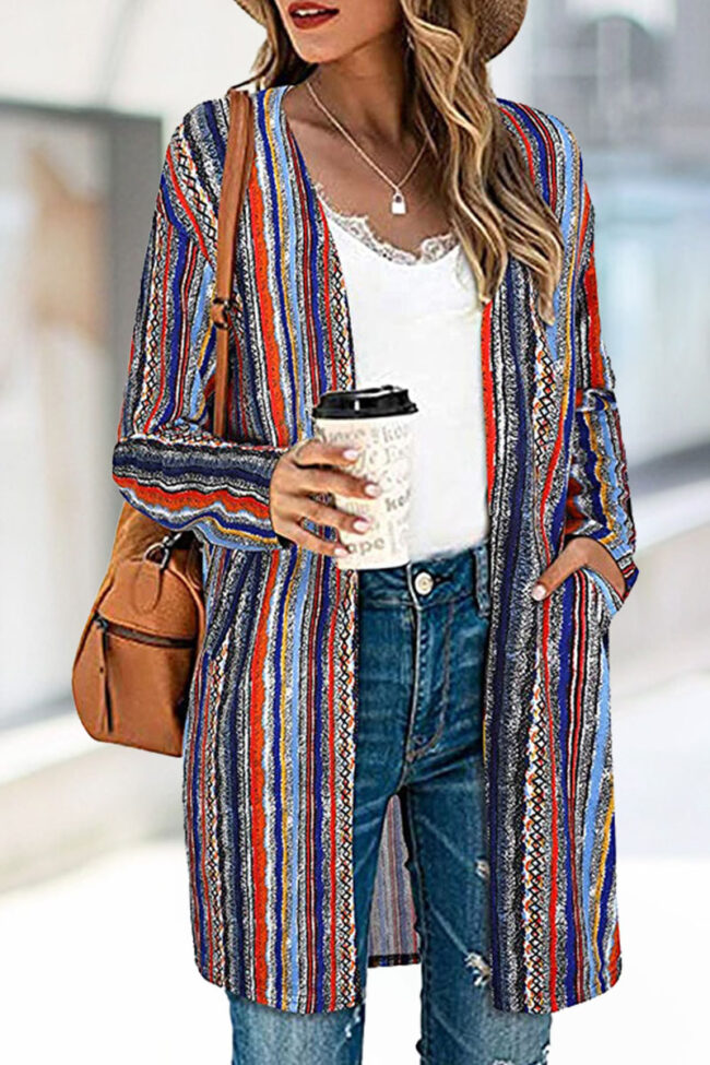 Fashion Street Striped Print Split Joint V Neck Outerwear