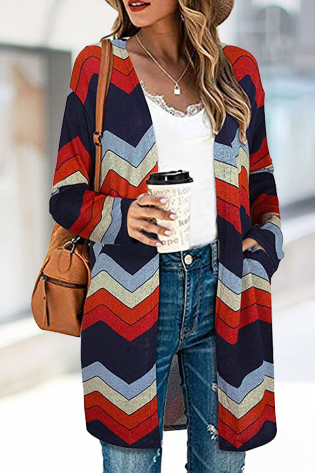 Fashion Street Striped Print Split Joint V Neck Outerwear