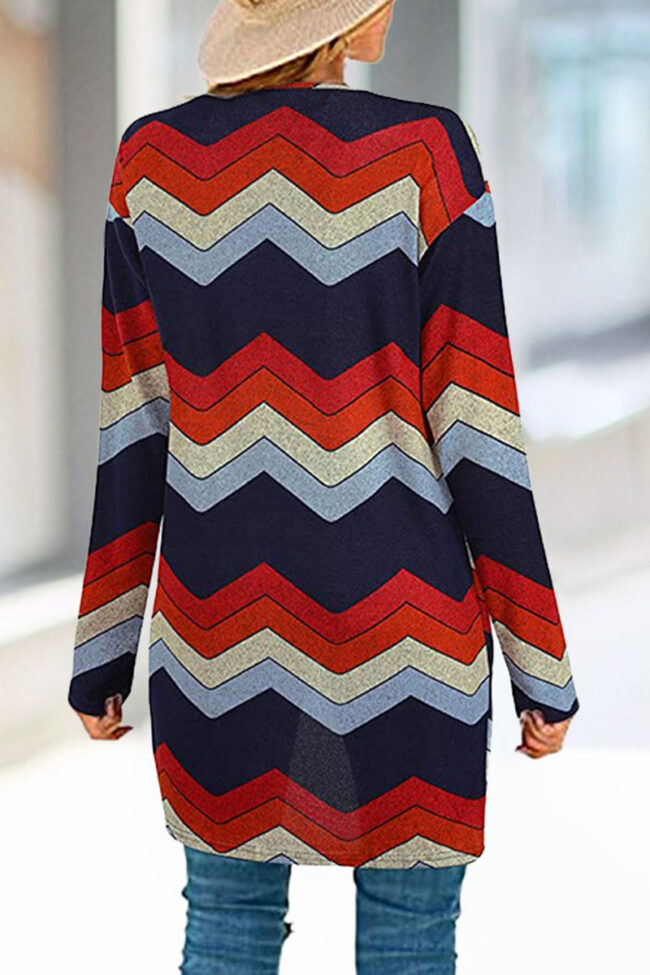 Fashion Street Striped Print Split Joint V Neck Outerwear