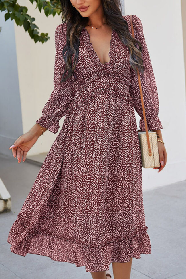 Fashion Street Print V Neck Waist Skirt Dresses