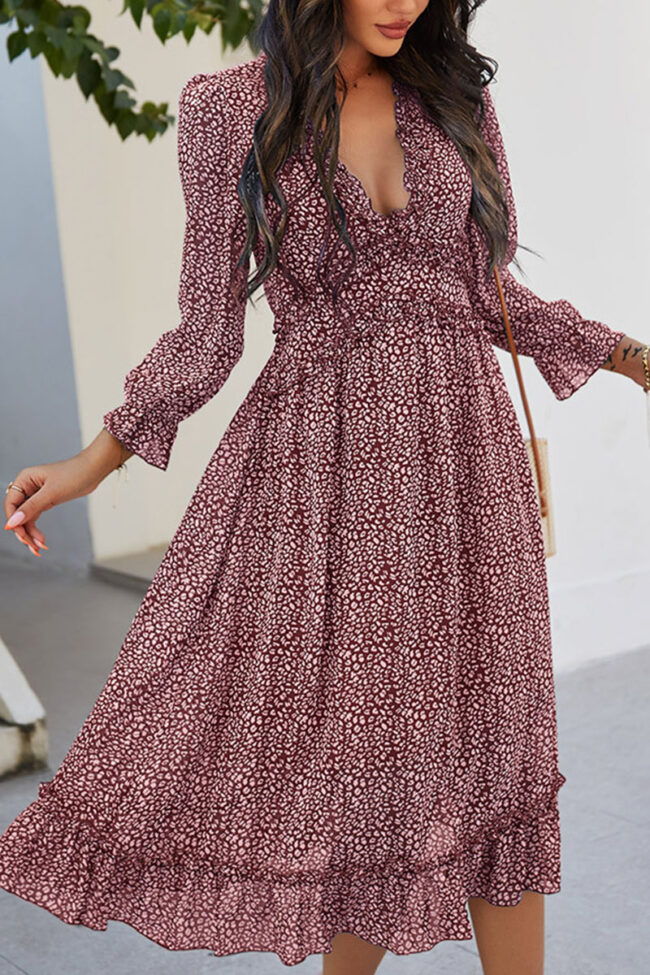 Fashion Street Print V Neck Waist Skirt Dresses