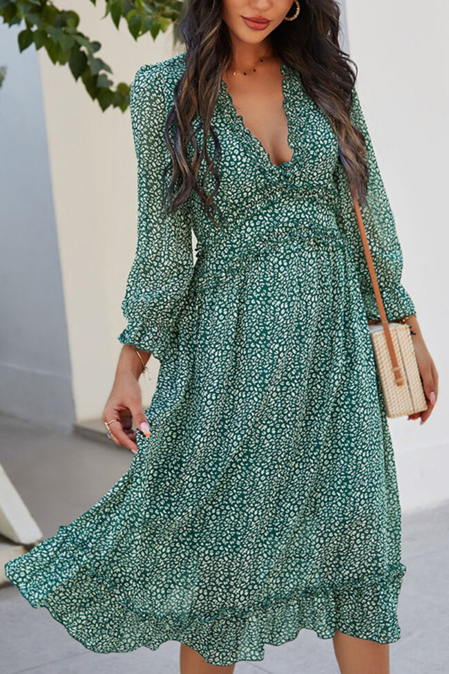 Fashion Street Print V Neck Waist Skirt Dresses