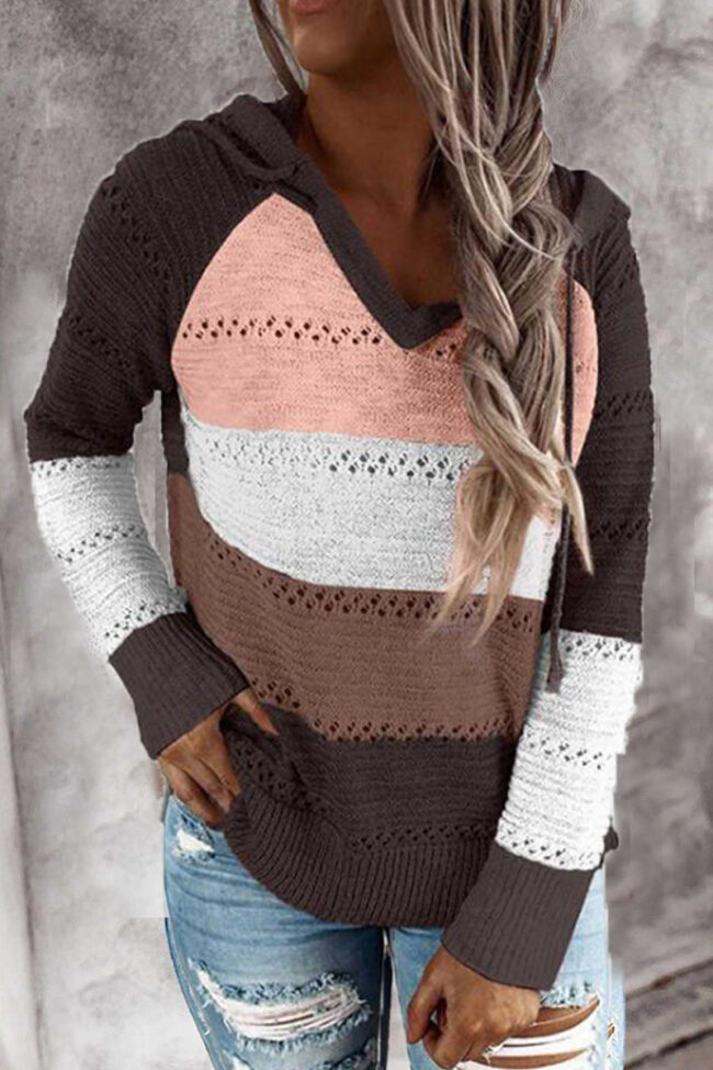 Fashion Casual Striped Split Joint Hooded Collar Tops