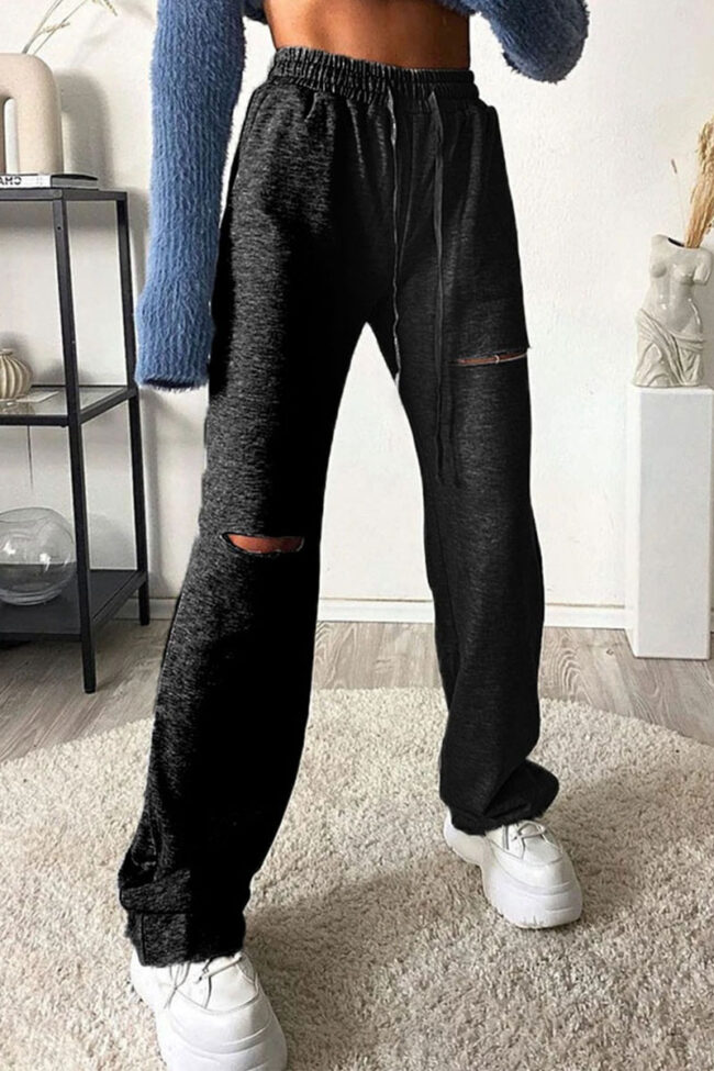 Fashion Casual Solid Ripped Loose High Waist Wide Leg Bottoms