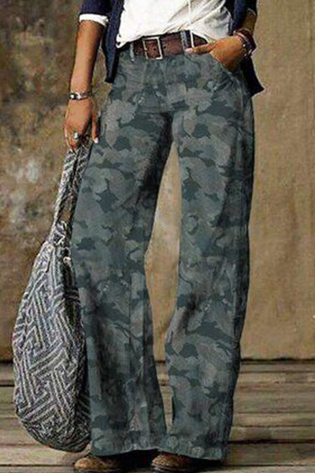 Fashion College Camouflage Print Loose Mid Waist Bottoms