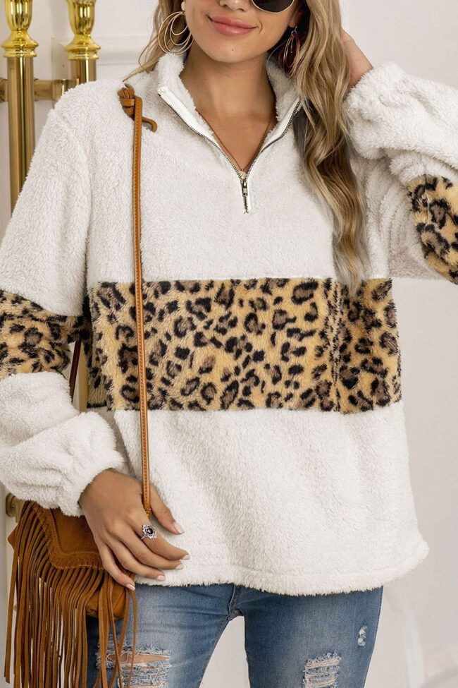 Fashion Street Leopard Split Joint Mandarin Collar Tops