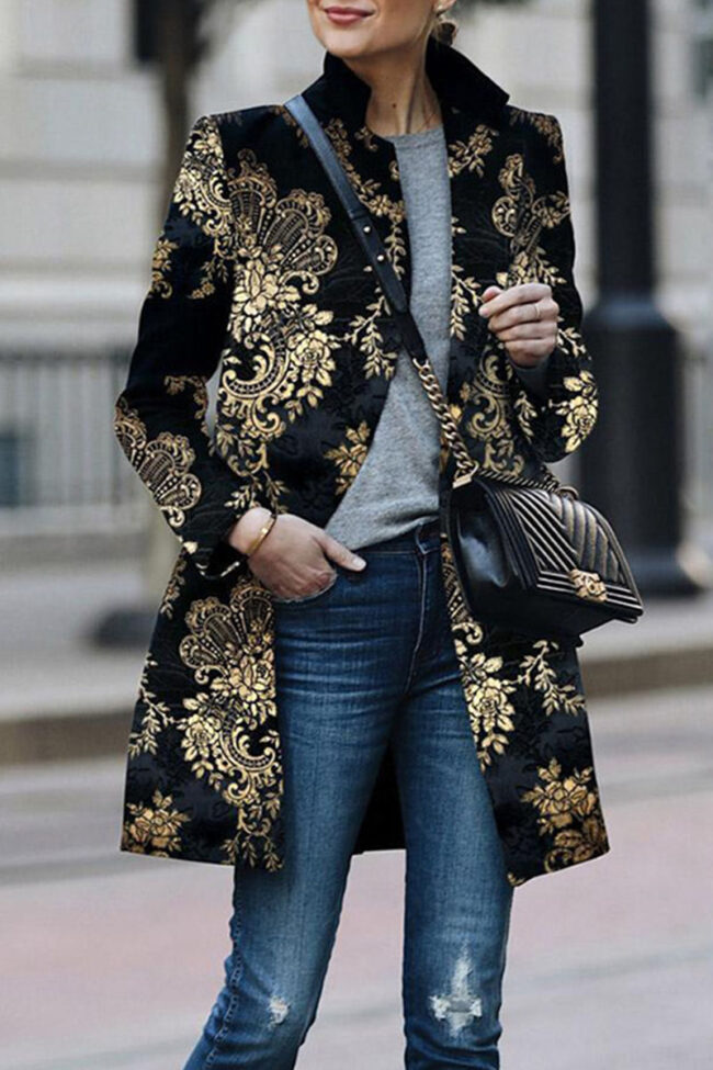 Fashion Street Print Turndown Collar Outerwear