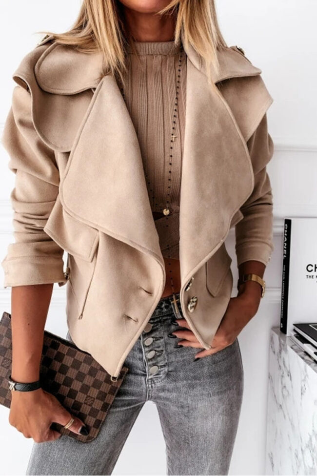 Fashion Street Solid Turndown Collar Outerwear