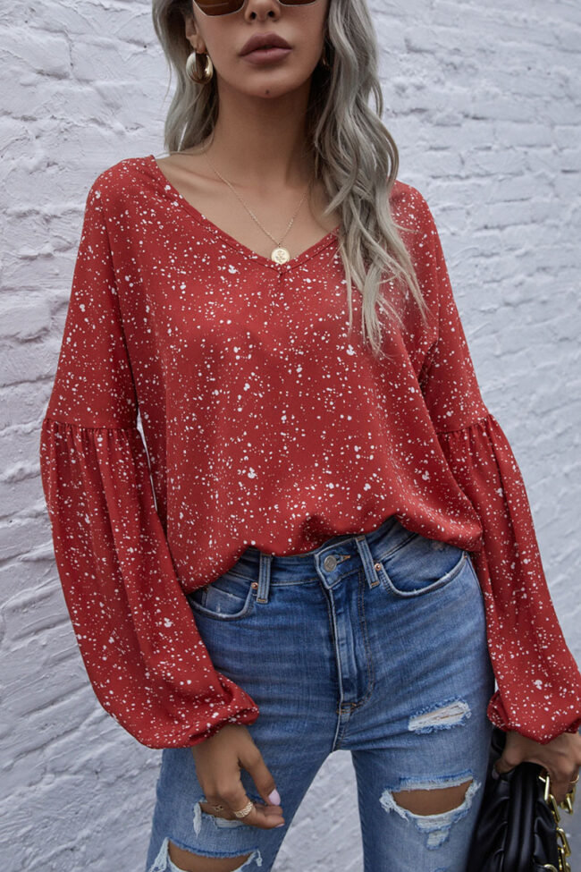 Fashion Casual Print V Neck Tops