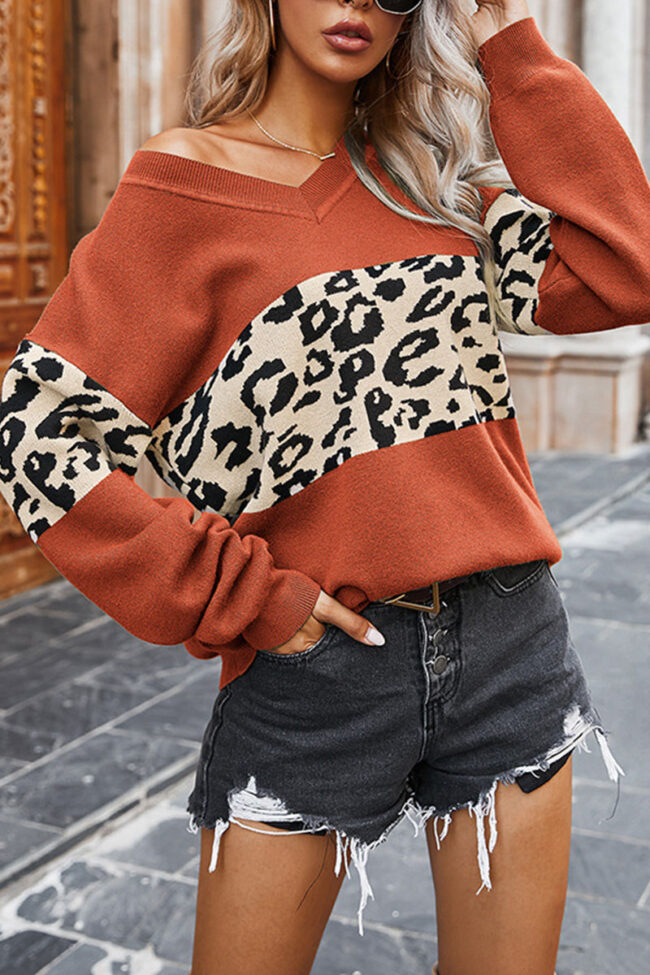 Fashion Street Leopard Split Joint V Neck Tops