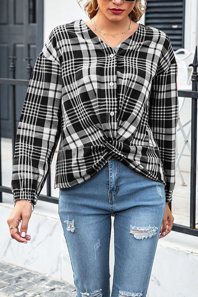 Fashion Street Plaid Split Joint V Neck Tops