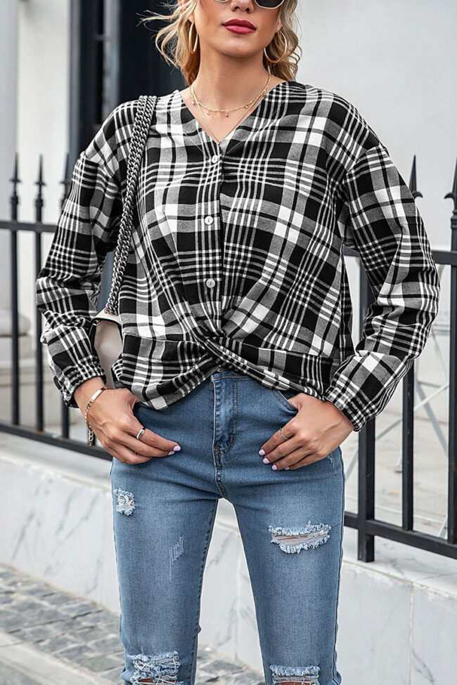 Fashion Street Plaid Split Joint V Neck Tops