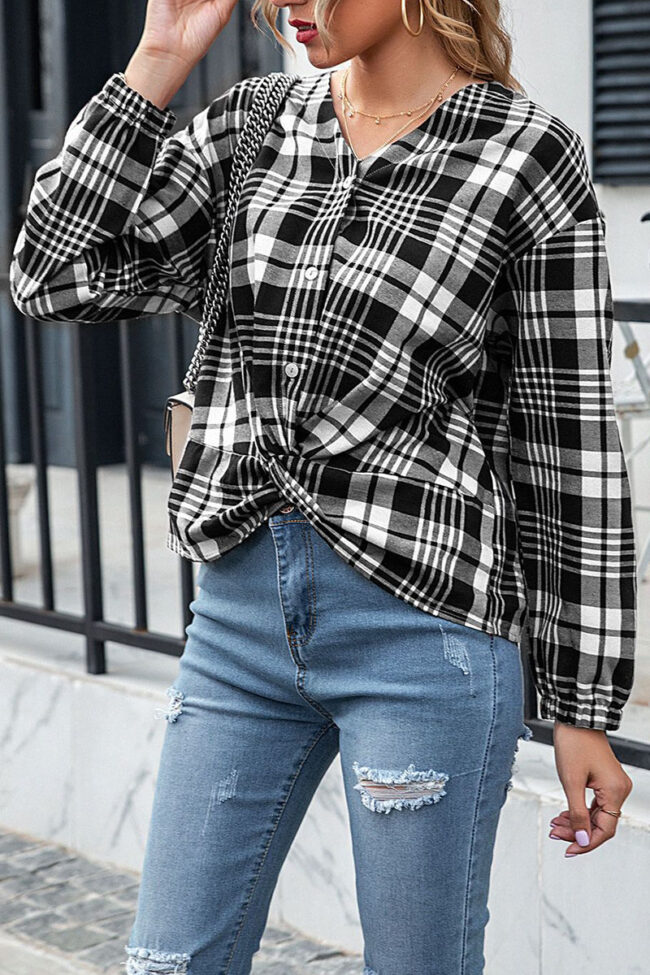 Fashion Street Plaid Split Joint V Neck Tops