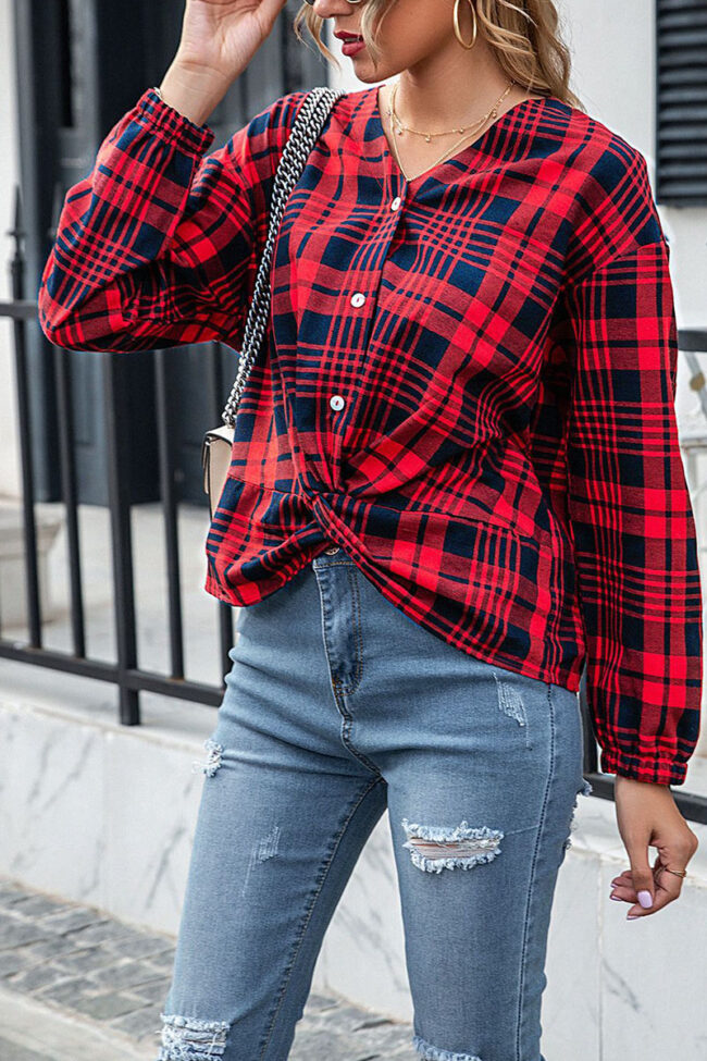 Fashion Street Plaid Split Joint V Neck Tops