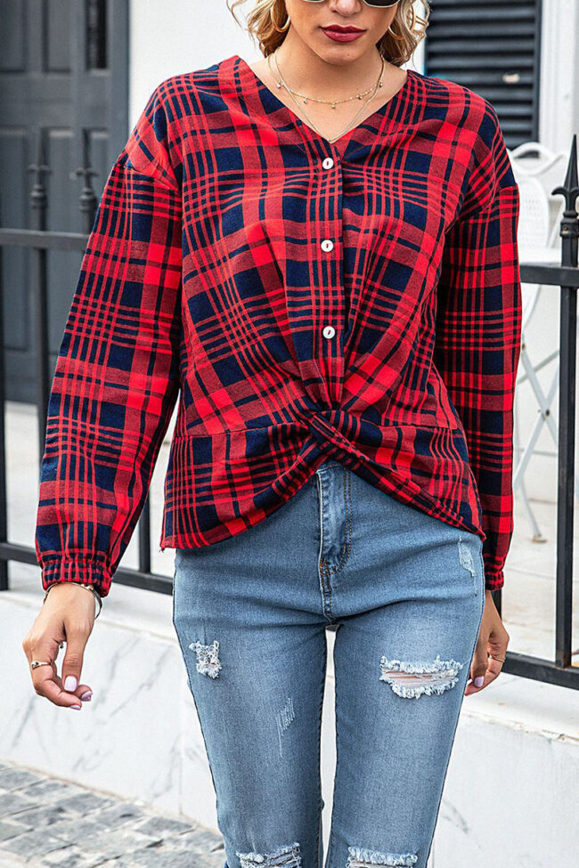 Fashion Street Plaid Split Joint V Neck Tops