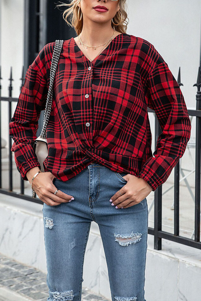 Fashion Street Plaid Split Joint V Neck Tops