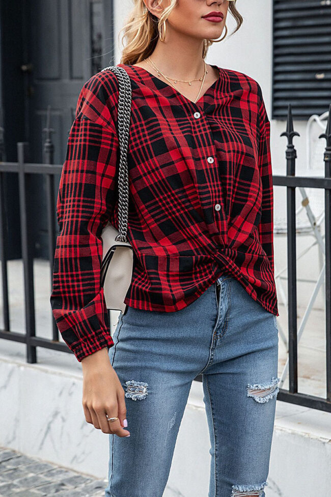 Fashion Street Plaid Split Joint V Neck Tops