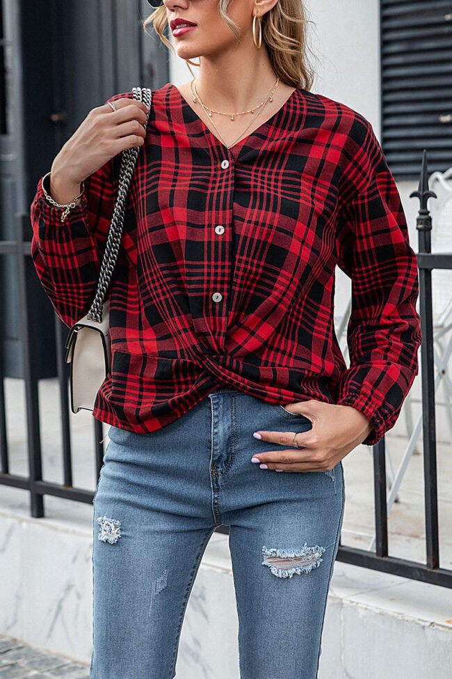 Fashion Street Plaid Split Joint V Neck Tops