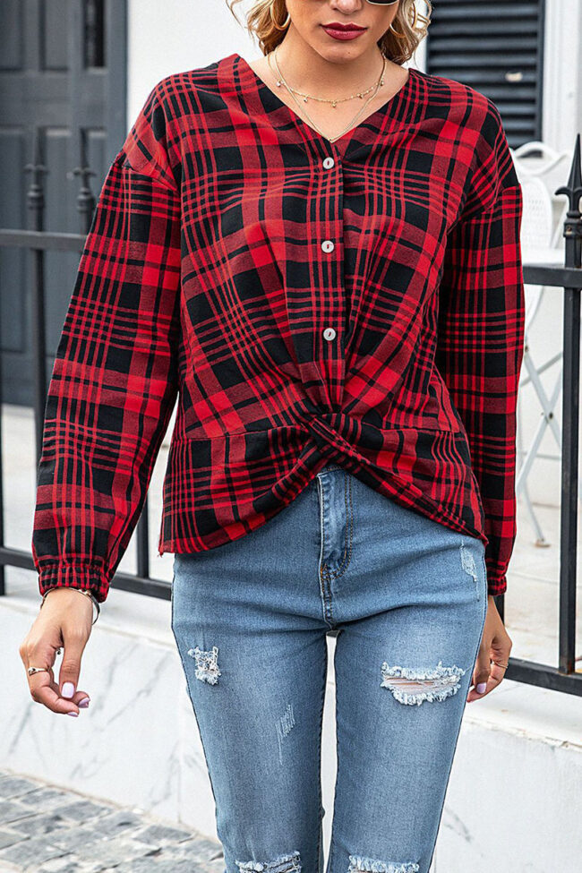 Fashion Street Plaid Split Joint V Neck Tops