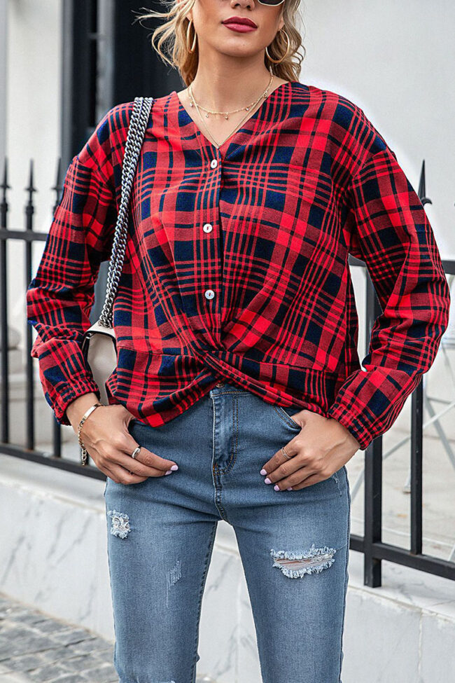 Fashion Street Plaid Split Joint V Neck Tops