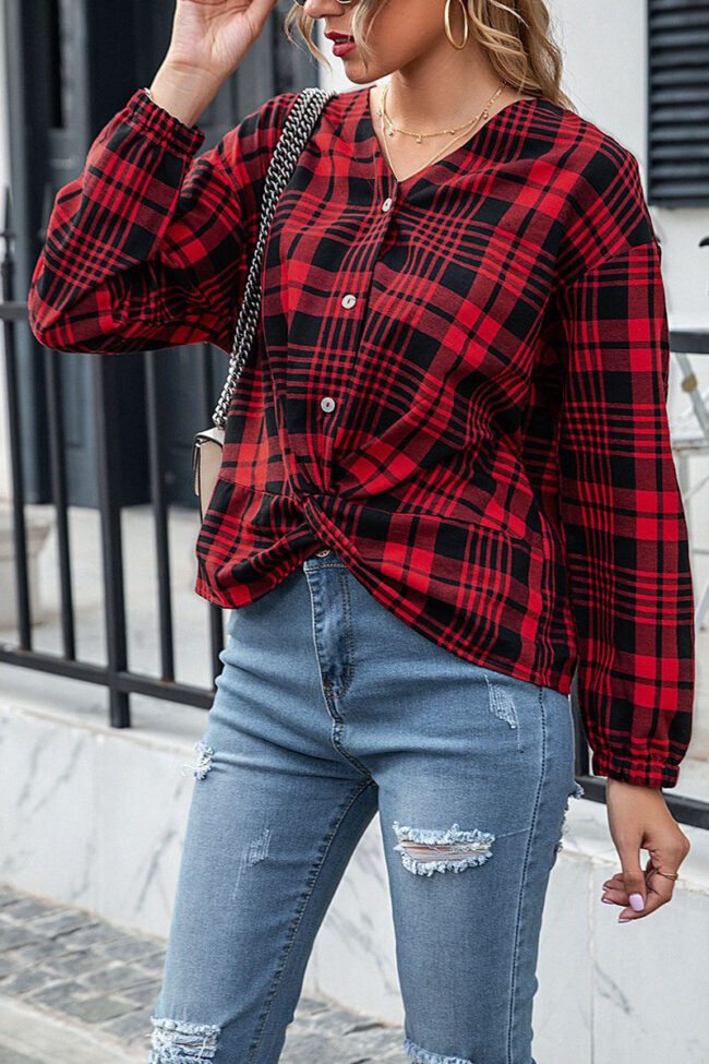 Fashion Street Plaid Split Joint V Neck Tops