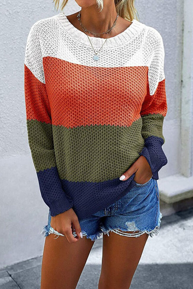 Fashion Casual Striped Split Joint O Neck Tops