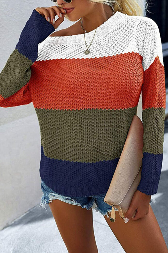 Fashion Casual Striped Split Joint O Neck Tops