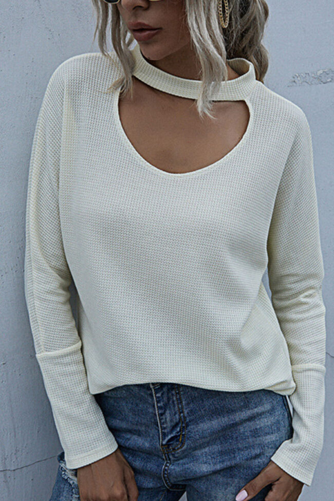 Fashion Street Solid Hollowed Out O Neck Tops