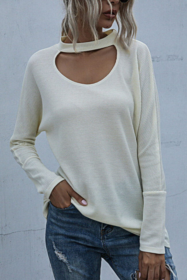 Fashion Street Solid Hollowed Out O Neck Tops