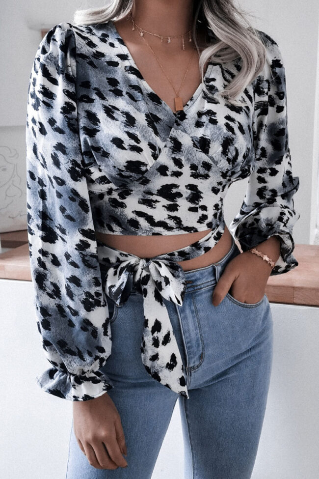 Fashion Casual Leopard Bandage V Neck Tops