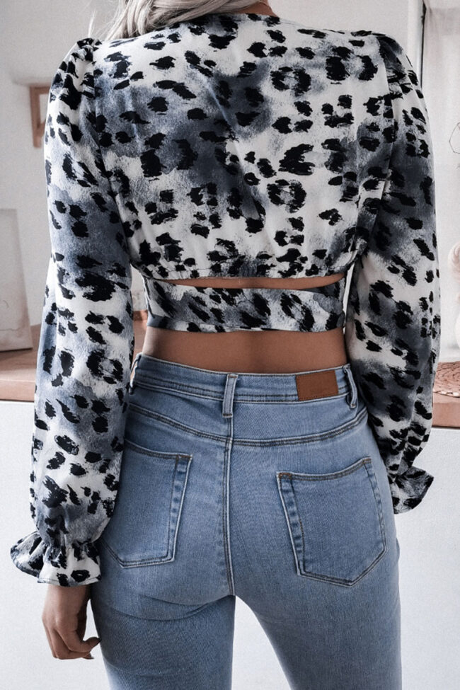 Fashion Casual Leopard Bandage V Neck Tops